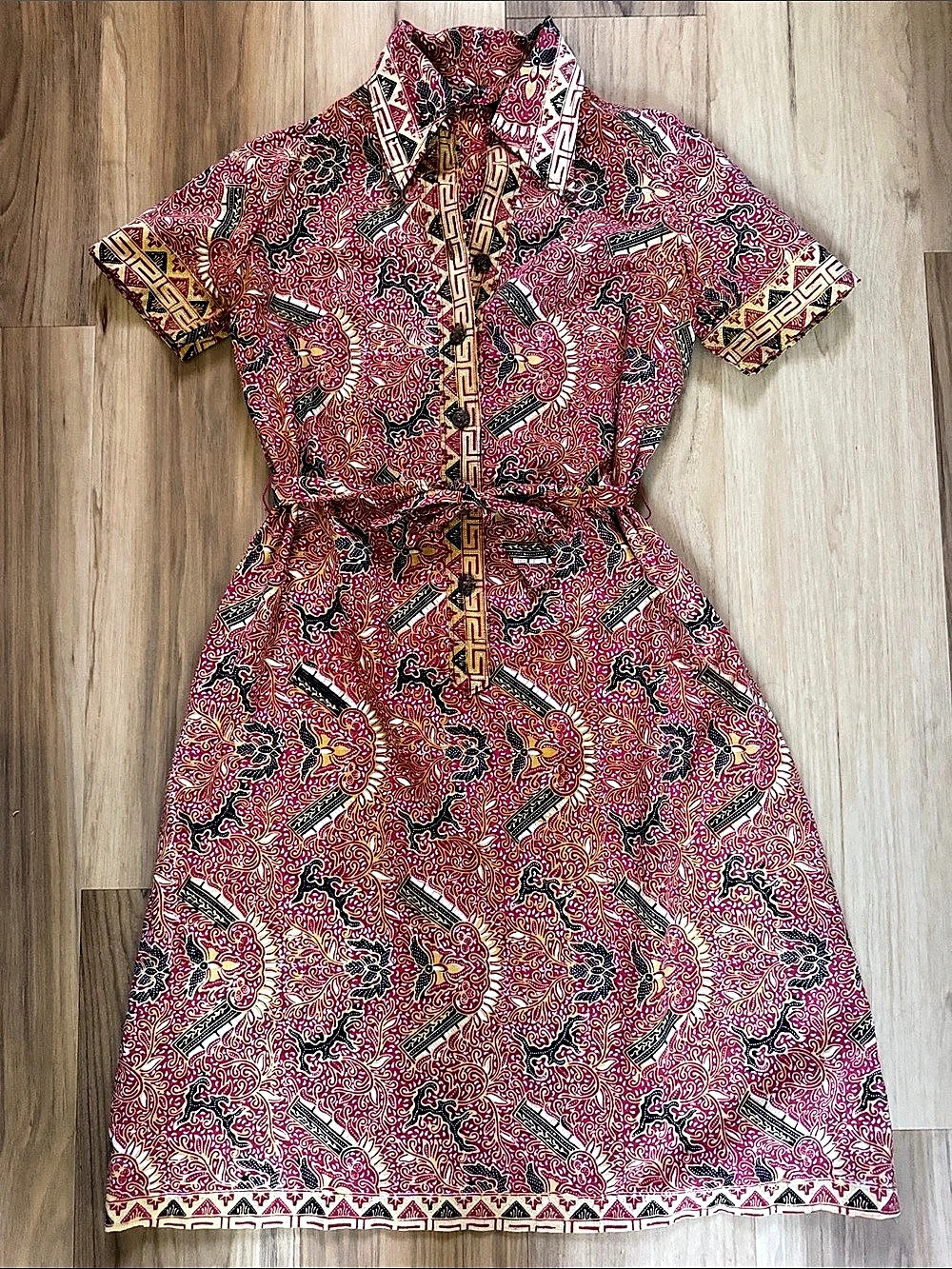Vintage Indonesian Batik Shirt Dress in Red & yellow
